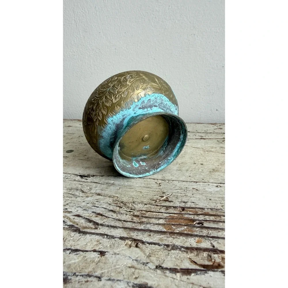 Vintage Etched Brass Rose Bowl Flower Frog Verdigris Patina Leaf Pattern 4in
